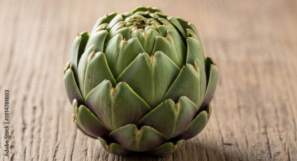 Fototapeta premium Close-up of a fresh artichoke on a wooden surface.
