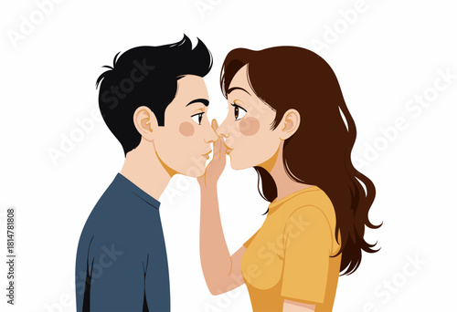 Illustration of a Cute Romantic Gesture Between a Young Couple in Love with Close Facial Interaction and Playful Expressions