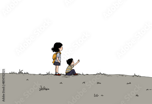 Two children explore an open field with curiosity, one standing with a backpack and the other seated pointing toward the sky, under a vast white backdrop.