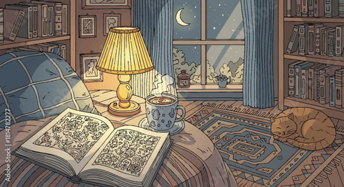 Peaceful nighttime illustration of a cozy reading corner with a warm lamp, an open book, and a sleeping cat by the window