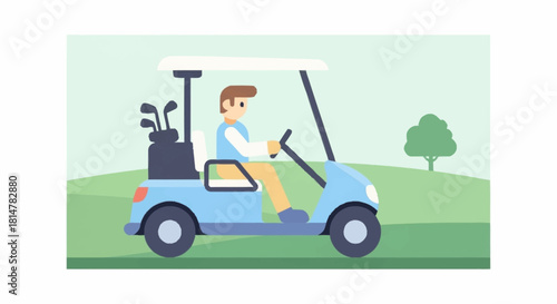 Vibrant flat illustration featuring a male golfer driving a golf cart across a lush green course under clear skies, symbolizing leisure, sport, and outdoor recreation