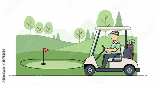 A vector line art illustration of a golfer driving an electric cart on a scenic green course for a day of leisure