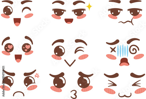 Vector set of cute cartoon anime character faces with different kawaii expressions and emotions for design