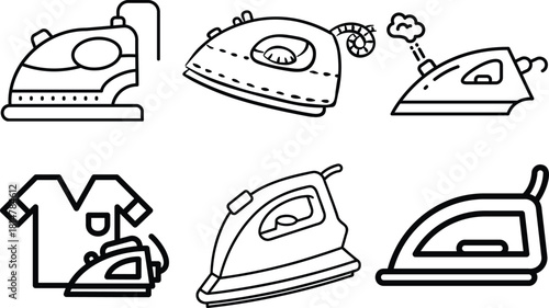 Collection of Line Art Iron Illustrations Depicting Laundry and Clothing Care