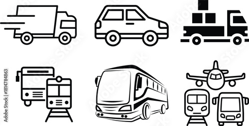 Transportation Icons Diverse Vehicles for Travel, Logistics, and Movement, Vector Graphics