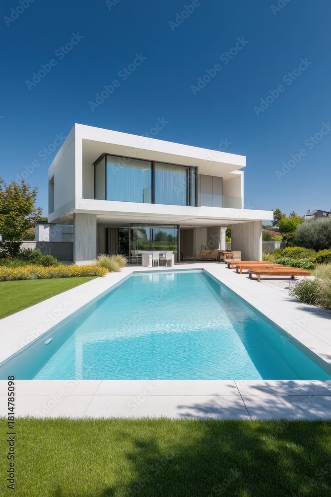 Fototapeta premium A contemporary villa featuring a stunning swimming pool is nestled amidst vibrant lush greenery, all basking in the warm sunlight of a beautiful day in a tranquil residential neighborhood