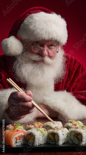 Festive atmosphere featuring Santa Claus delicately preparing sushi rolls with chopsticks in cozy indoor setting