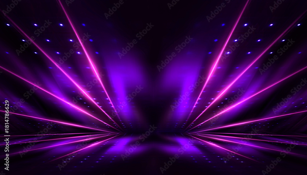 Obraz premium Background of empty room with spotlights and lights, abstract purple background with neon glow