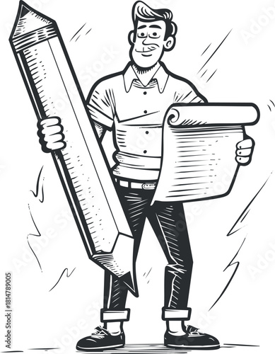 Retro black and white vector illustration of a cheerful artist holding a large pencil and drawing scroll, ideal for creative branding and design projects