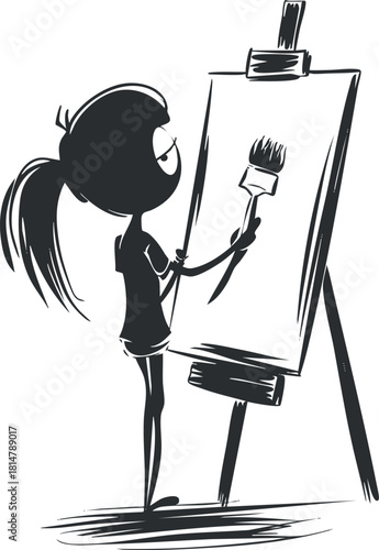 Stylized vector illustration of a girl painting on a canvas, perfect for art-related designs and creative projects