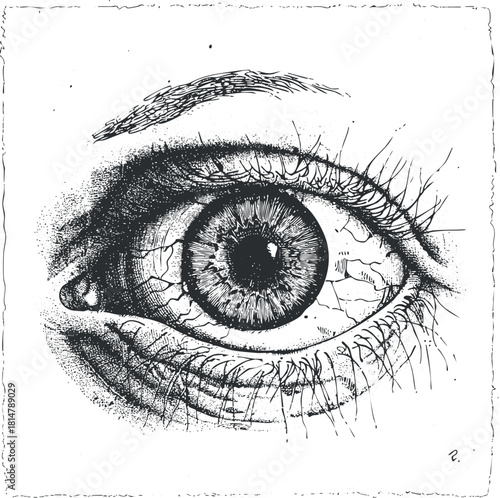 Detailed black and white vector illustration of a human eye, showcasing realistic features and intricate details for medical or artistic applications