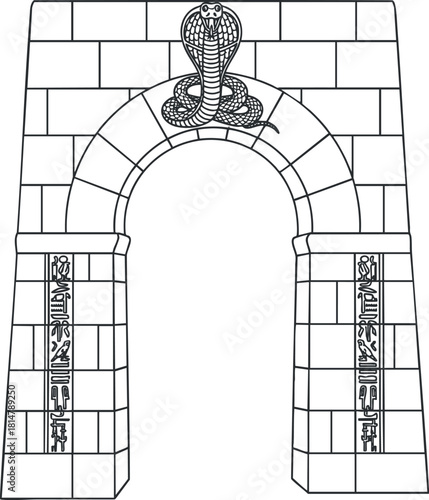 Line art illustration of an Egyptian archway featuring a cobra and hieroglyphs, suitable for cultural and historical designs