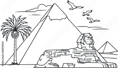 Outline vector illustration of Egyptian pyramids and Sphinx with palm tree and birds in a scenic landscape