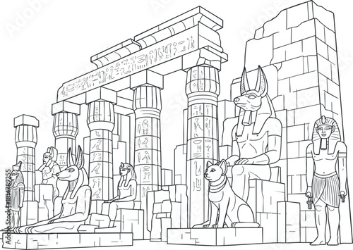 Detailed line art illustration of an ancient Egyptian temple featuring Anubis and other deities, suitable for educational or artistic projects