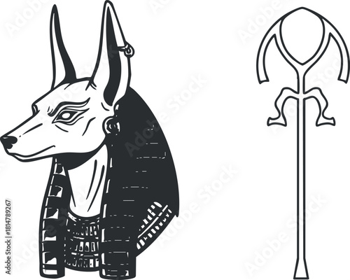 Stylized vector illustration of Anubis, the ancient Egyptian god, alongside a traditional scepter, ideal for mythology-themed projects.