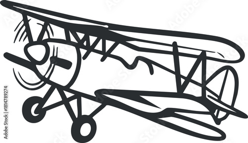 Stylized black and white vector illustration of a biplane aircraft for aviation-themed projects and designs