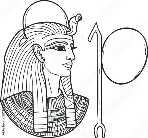 Outline vector illustration of an Egyptian Pharaoh with a headdress and staff, ideal for historical and cultural design projects