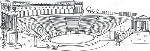 Outline vector illustration of an ancient amphitheater with detailed architecture, ideal for cultural and historical design projects