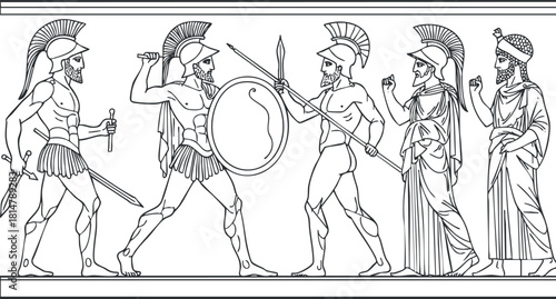 Line art illustration depicting ancient Greek warriors in battle, showcasing Spartan heroes with shields and weapons for historical design projects.