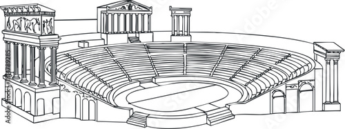 Detailed line art illustration of an ancient theater with classical architecture for educational and design projects