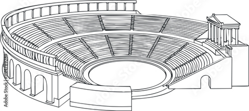 Outline vector illustration of a classical amphitheater design, featuring a circular structure ideal for performance and events.