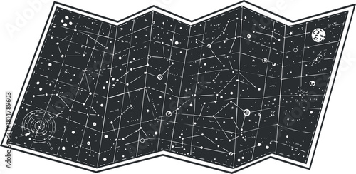 Geometric vector illustration of a folded star map featuring constellations and celestial bodies for educational and design purposes