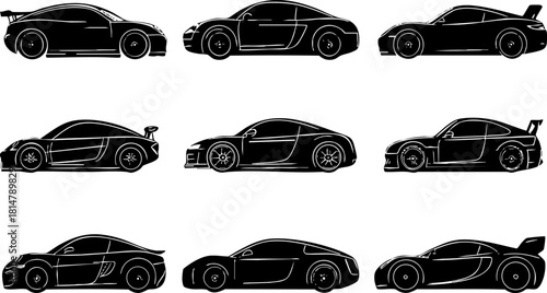 Silhouette vector icon set showcasing various sports cars in a sleek and modern style for automotive design projects