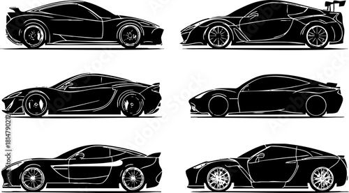 Stylish vector illustration set of six modern car silhouettes for automotive branding and design projects