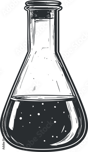 Vintage black and white vector illustration of a laboratory flask containing liquid, ideal for scientific and educational themes