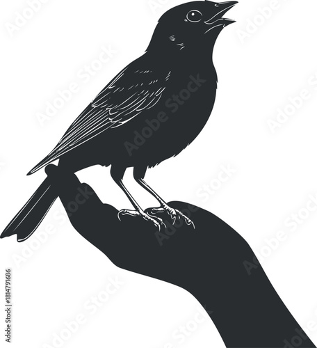 Silhouette vector illustration of a bird perched on an outstretched hand, symbolizing care and connection to nature