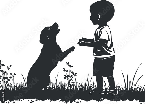 Silhouette vector illustration of a child playing with a dog in a grassy outdoor setting, symbolizing joy and companionship