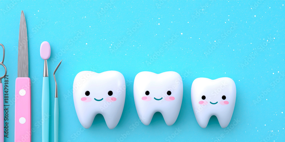 Obraz premium Cute cartoon teeth with happy faces and colorful dental tools on blue background promoting fun dental hygiene for kids