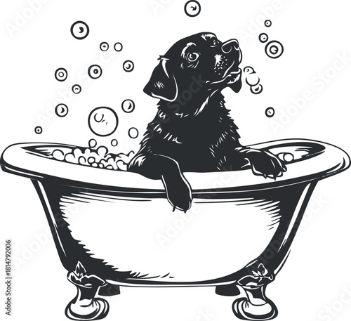 Playful black and white vector illustration of a dog in a bathtub with bubbles, perfect for pet-related designs and grooming concepts