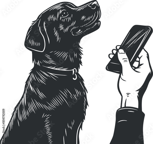 Stylized black and white vector illustration of a dog interacting with a smartphone, showcasing pet-owner connection and modern technology