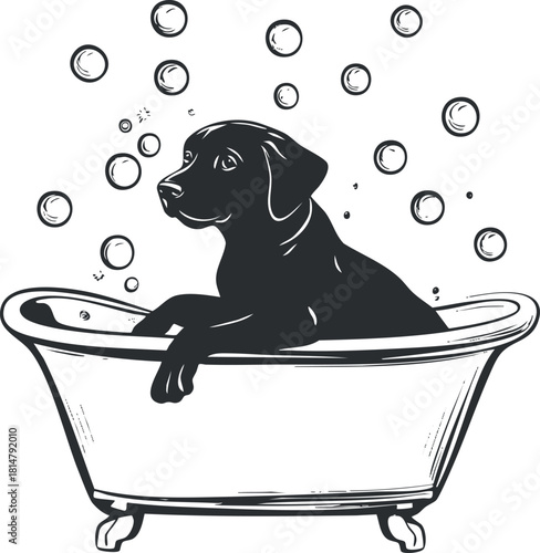 Playful black and white vector illustration of a dog enjoying a bubble bath in a vintage bathtub