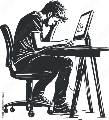 Vector illustration of a stressed man sitting at a desk working on a computer, ideal for workplace themes and design projects
