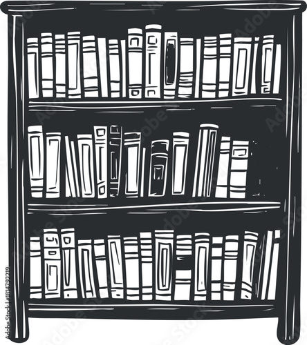 Hand-drawn vector illustration of a bookshelf filled with various books, ideal for educational and literary design projects