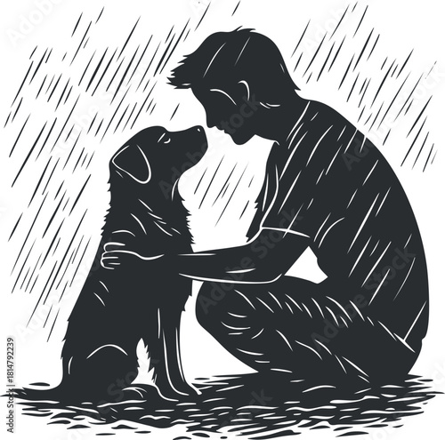 Silhouette vector illustration of a person and dog sharing a heartfelt moment in the rain, symbolizing love and companionship