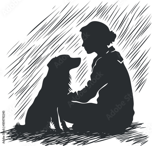 Silhouette vector illustration of a girl sitting with her dog, depicting a bond of friendship and loyalty.