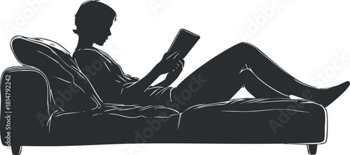 Minimalist silhouette vector illustration of a person relaxing on a sofa while reading a tablet, ideal for lifestyle and home decor projects