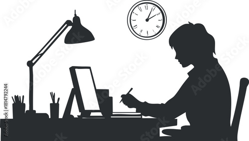 Silhouette vector illustration of a person working at a desk with a laptop, lamp, and clock, ideal for workspace design.
