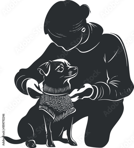 Stylized black and white vector illustration of a person dressing a dog in a sweater, showcasing pet care and companionship