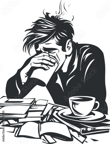 Vector illustration of a stressed man sitting at a cluttered desk with coffee, books, and paperwork, conveying themes of anxiety and productivity.