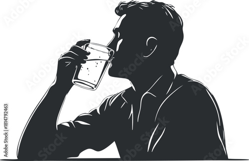 Silhouette vector illustration of a man drinking water from a glass, representing hydration and wellness concepts.