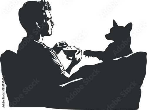 Silhouette vector illustration of a man sitting on a couch with a dog, enjoying a snack in a cozy setting