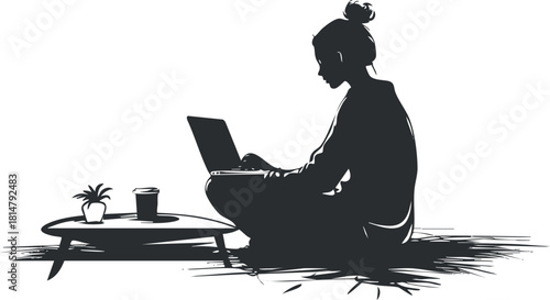 Silhouette vector illustration of a woman working on a laptop at home, ideal for remote work and lifestyle concepts