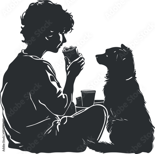 Silhouette vector illustration of a child enjoying a snack with a dog, representing companionship and joy in a minimalistic style
