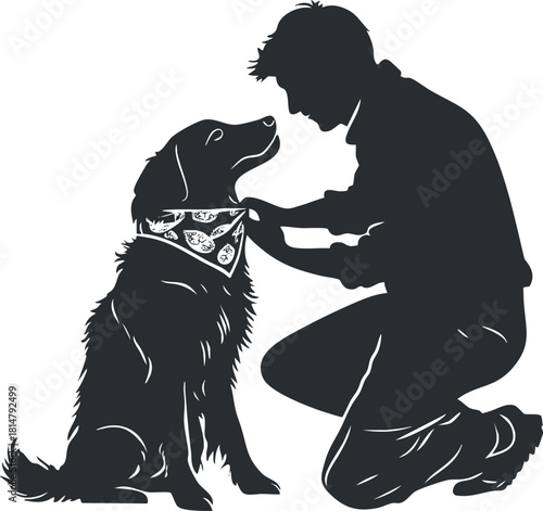 Silhouette vector illustration of a person kneeling and interacting with a dog wearing a bandana, symbolizing companionship and love