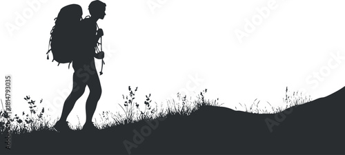 Silhouette vector illustration of a hiker with a backpack against a scenic nature background for outdoor adventure themes