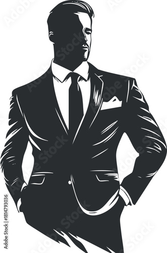 Stylish black and white vector illustration of a confident businessman in a formal suit for branding and marketing projects
